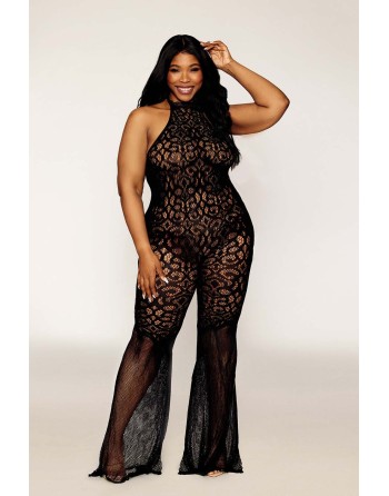 bodystocking en dentelle au crochet sans couture, grande taille, résille noire - DG0468XBLK