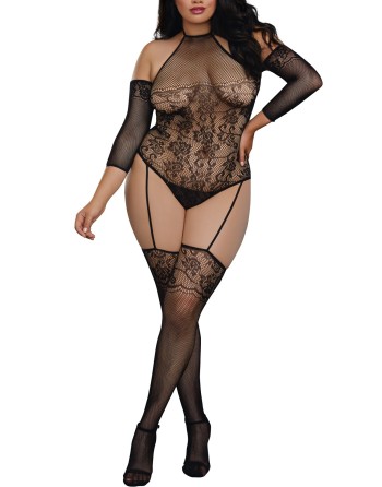 Bodystocking grande taille résille effet bas jarretelles - DG0310XBLK