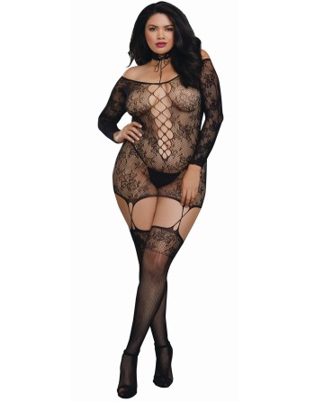 Bodystocking résille guêpière grande taille réversible avec tour de cou - DG0318XBLK