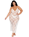 Nuisette longue blanche grande taille en dentelle florale, string assorti - DG13667XWHT