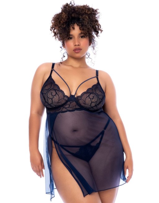 Nuisette grande taille bleu nuit et string - MAL7555XMNBL