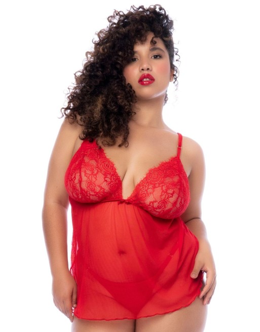 Nuisette courte grande taille rouge et string - MAL7562XRD