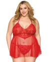 Nuisette grande taille rouge en résille et dentelle florale, string assorti - DG13524XRED