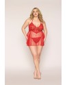 Nuisette grande taille rouge en résille et dentelle florale, string assorti - DG13524XRED