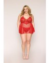 Nuisette grande taille rouge en résille et dentelle florale, string assorti - DG13524XRED