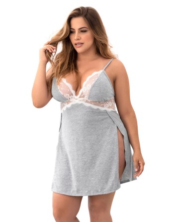 Nuisette en coton grise grande taille fendue sur les côtés et finition dentelle blanche - MAL7313XGREY