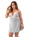 Nuisette en coton grise grande taille fendue sur les côtés et finition dentelle blanche - MAL7313XGREY