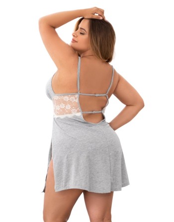 Nuisette en coton grise grande taille fendue sur les côtés et finition dentelle blanche - MAL7313XGREY