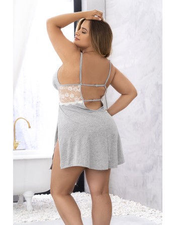 Nuisette en coton grise grande taille fendue sur les côtés et finition dentelle blanche - MAL7313XGREY