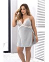 Nuisette en coton grise grande taille fendue sur les côtés et finition dentelle blanche - MAL7313XGREY