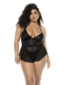 Body effet babydoll Pearl grande taille en wetlook noir et résille, bretelles réglables, zip fonctionnel au dos -...