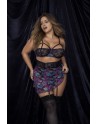 Deux-en-un, nuisette et ensemble trois pièces noir, grande taille, tissu fleur exotique - MAL7496XBLK