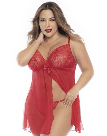 Babydoll, grande taille, en dentelle et résille rouge ouvert sur le devant - MAL7501XRED