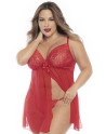 Babydoll, grande taille, en dentelle et résille rouge ouvert sur le devant - MAL7501XRED