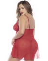 Babydoll, grande taille, en dentelle et résille rouge ouvert sur le devant - MAL7501XRED