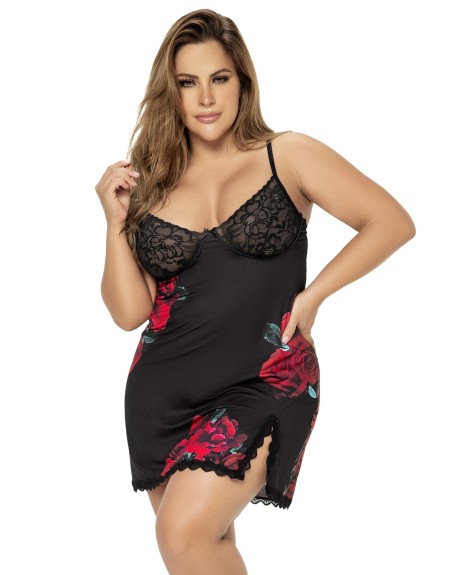 Nuisette noire grande taille motif fleuri et string assorti - MAL7438XBLF