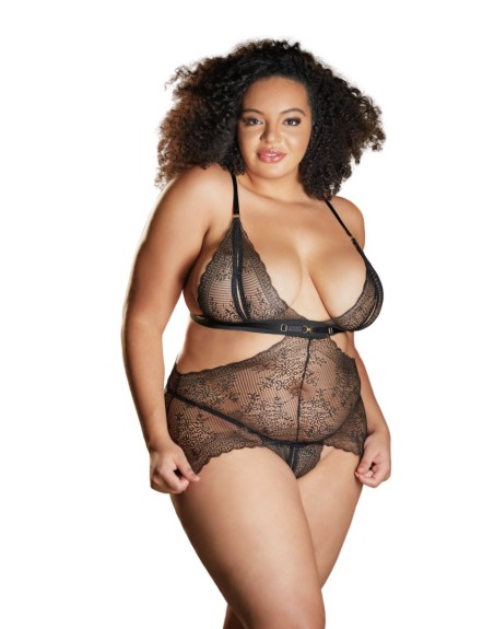 Nuisette dentelle noire grande taille avec string ouvert ROSIE - 17-6002XB