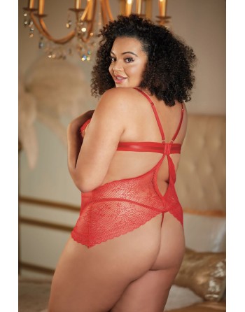 Nuisette dentelle rouge grande taille avec string ouvert ROSIE - 17-6002XR