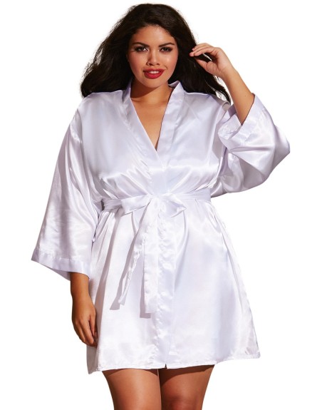 Kimono satin, ceinture attachée, nuisette et cintre assorti - DG3717XWHT