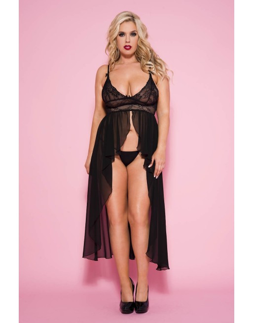 Nuisette longue noire transparente grande taille - ML53019XBLK