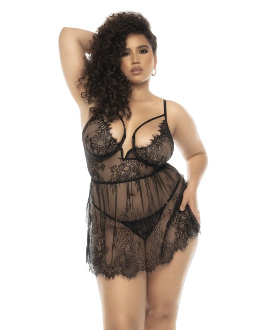 Nuisette noir Selma grande taille, en dentelle, avec armatures et string assorti inclus - MAL7550XBLK