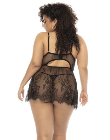 Nuisette noir Selma grande taille, en dentelle, avec armatures et string assorti inclus - MAL7550XBLK