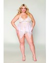 Babydoll et string grande taille en résille et dentelle blanche - DG13314WHT