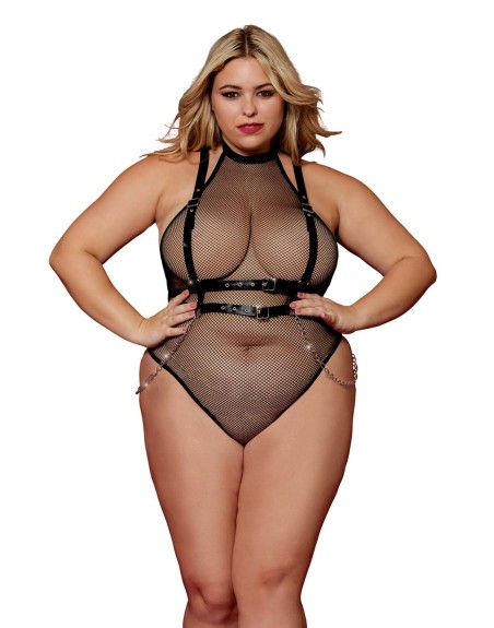 Body en résille, grande taille, avec Harnais simili cuir et chaines - DG13291XBLK