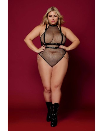 Body en résille, grande taille, avec Harnais simili cuir et chaines - DG13291XBLK