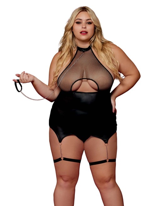 Body BDSM noir, grande taille, en maille avec corset / porte-jarretelles, simili cuir, intégré - DG13295XBLK