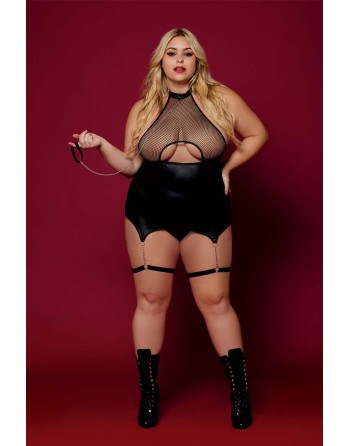 Body BDSM noir, grande taille, en maille avec corset / porte-jarretelles, simili cuir, intégré - DG13295XBLK