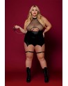 Body BDSM noir, grande taille, en maille avec corset / porte-jarretelles, simili cuir, intégré - DG13295XBLK