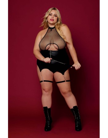 Body BDSM noir, grande taille, en maille avec corset / porte-jarretelles, simili cuir, intégré - DG13295XBLK