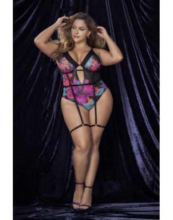 Body noir, grande taille, imprimé fleurs exotiques - MAL8774XPRT