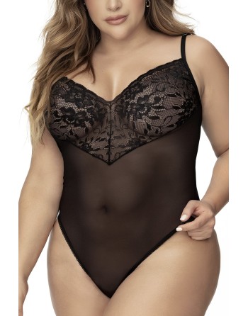 Body, grande taille, noir en dentelle et résille noire - MAL8795XBLK