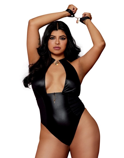 Body wetlook noir  grande taille avec menottes, cadenas bijoux et clé bijou inclus - DG12814XBLK