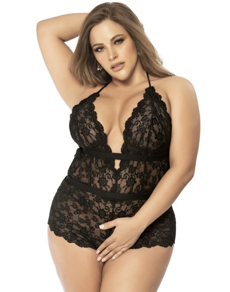 Body grande taille en dentelle florale noire ouvert avec dos - MAL8685XBLK