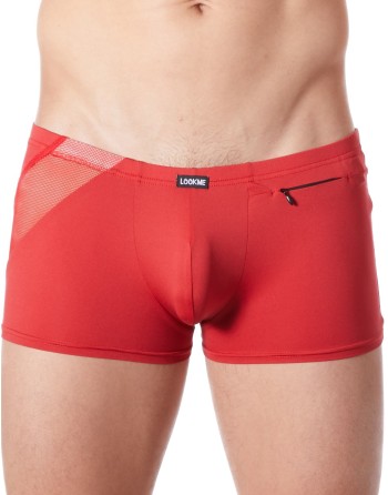 Boxer rouge sexy avec bandes fine résille et déco zippée - LM808-67RED