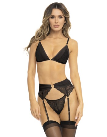 Ensemble 3 pièces noir, soutien gorge, porte jarretelles et string - REN53037-BLK