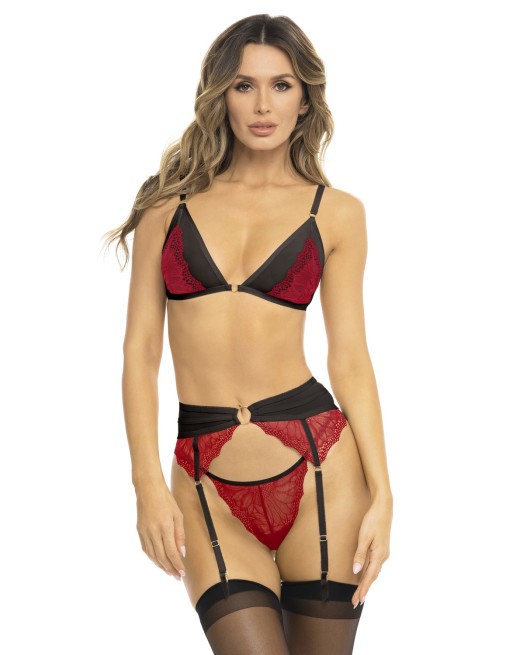 Ensemble 3 pièces rouge, soutien gorge, porte jarretelles et string - REN53037-RED