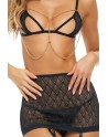 Ensemble 3 pièces, soutien gorge avec chainettes, jupe porte jarretelles et string assorti - REN53042-BLK