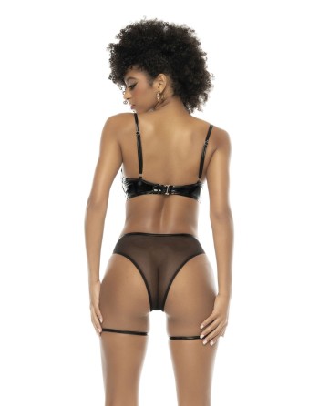 Ensemble 2 pièces, en vinyl et résille noir, soutien gorge seins nus et string avec zip fonctionnel - MAL2756GLBK