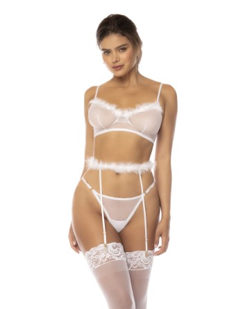 Ensemble 3 pièces blanc Emmie, soutien gorge, porte jarretelles avec fausse fourrure et string assorti - MAL8841WHT