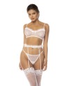 Ensemble 3 pièces blanc Emmie, soutien gorge, porte jarretelles avec fausse fourrure et string assorti - MAL8841WHT