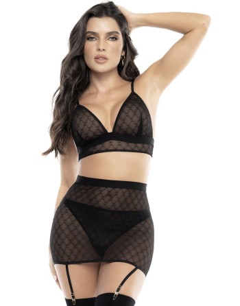 Soutien-gorge, string et jupe résille noire  - MAL8776BLK