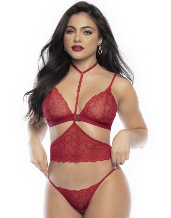 Ensemble lingerie trois pièces en dentelle rouge imprimée de cœurs - MAL8813RED