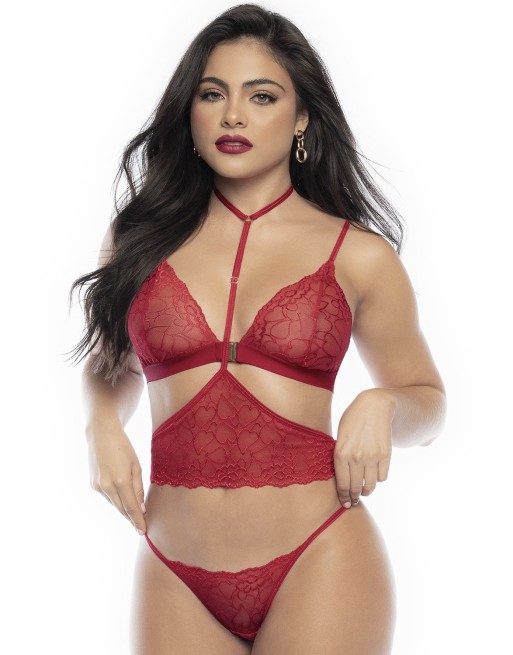 Ensemble lingerie trois pièces en dentelle rouge imprimée de cœurs - MAL8813RED