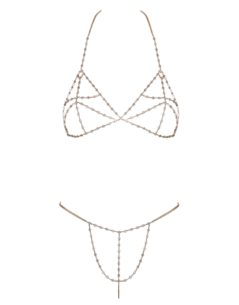 Soutien-gorge et string bijoux en chaînettes dorées et strass irisés - R24505186001