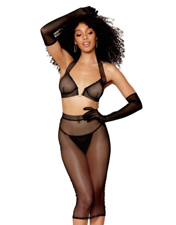 Ensemble 2 pièces, soutien gorge et jupe longue transparente noir - DG12770BLK