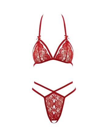 Soutien-gorge en dentelle rouge avec bonnets détachables et string - R221125430